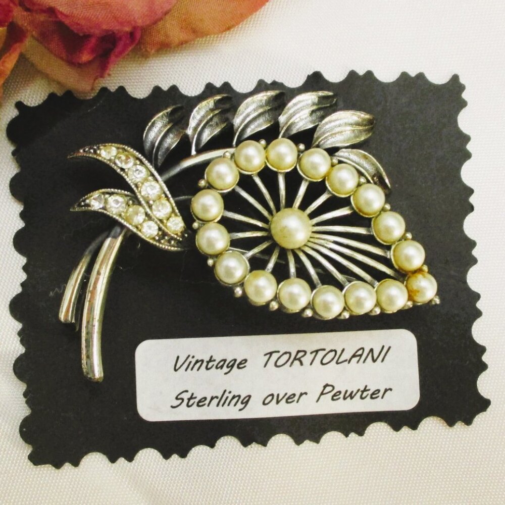Vintage TORTOLANI Floral Brooch ~ DESIGNER Sterling Silver, Pearl, Rhinestone